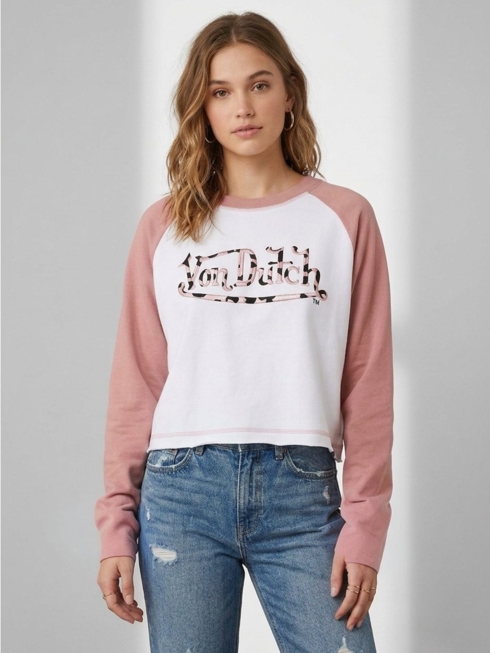 NWT 2024 Von Dutch Women Raglan Crop Sweatshirt XL Dirty Pink Cheetah Flying Eye